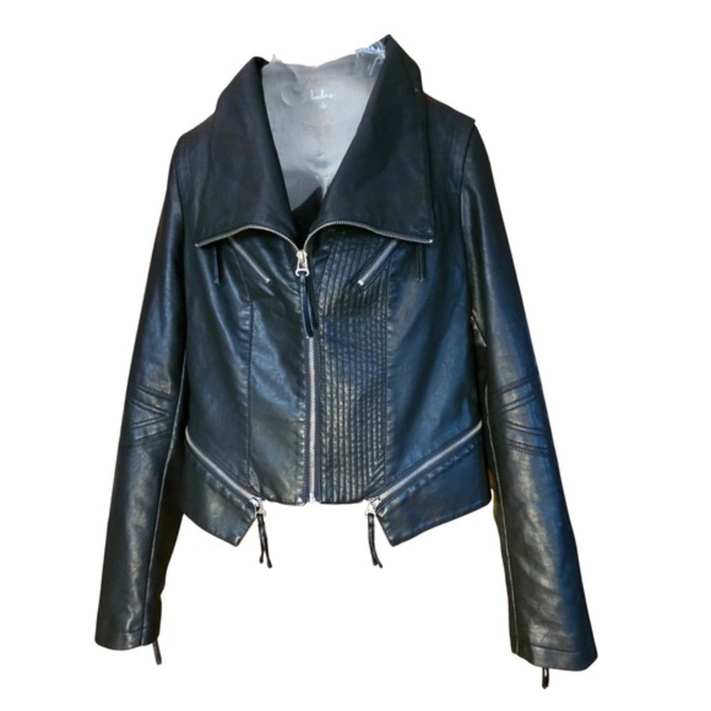 Lulus Black Vegan Leather Moto Jacket Quilted Biker Zip Coat Womens LRG